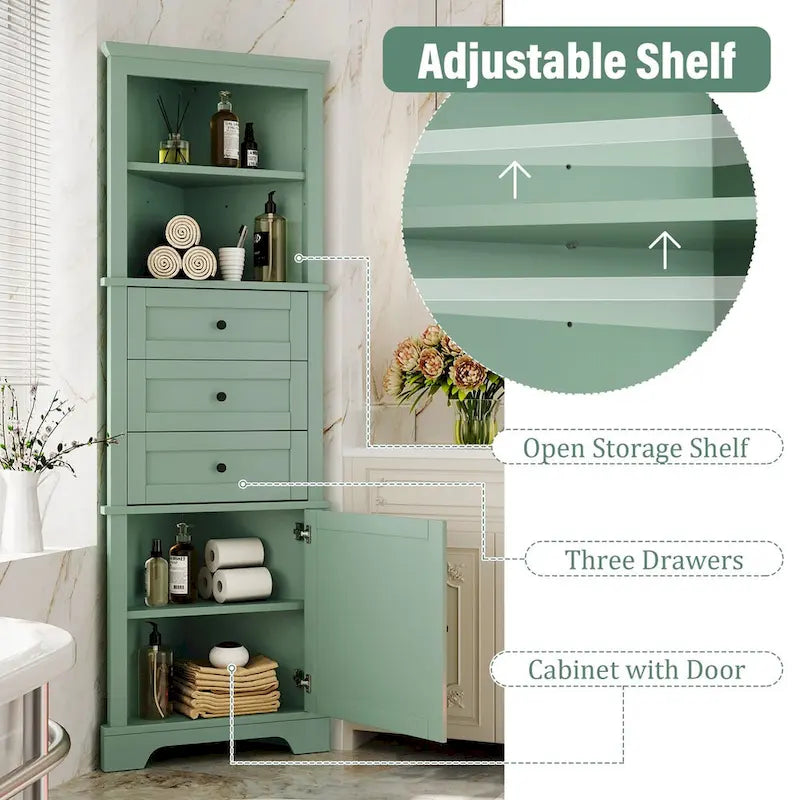 69  Tall Wood 1-door Bathroom Cabinet in Green with Adjustable Shelf