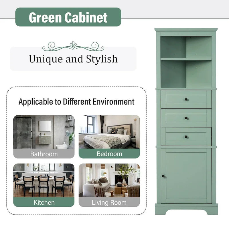 69  Tall Wood 1-door Bathroom Cabinet in Green with Adjustable Shelf
