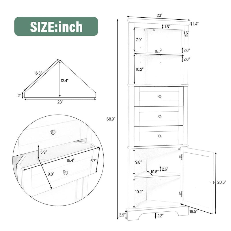 69  Tall Wood 1-door Bathroom Cabinet in Green with Adjustable Shelf