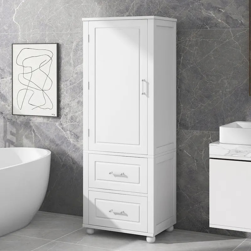 Tall Bathroom Storage Cabinet with Two Drawers and Adjustable Shelf