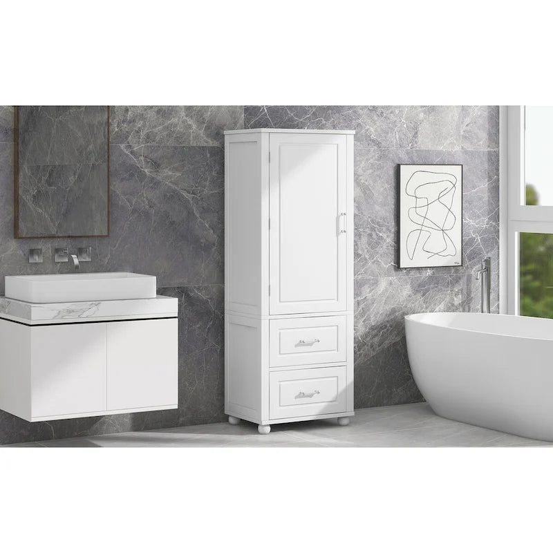 Tall Bathroom Storage Cabinet with Two Drawers and Adjustable Shelf