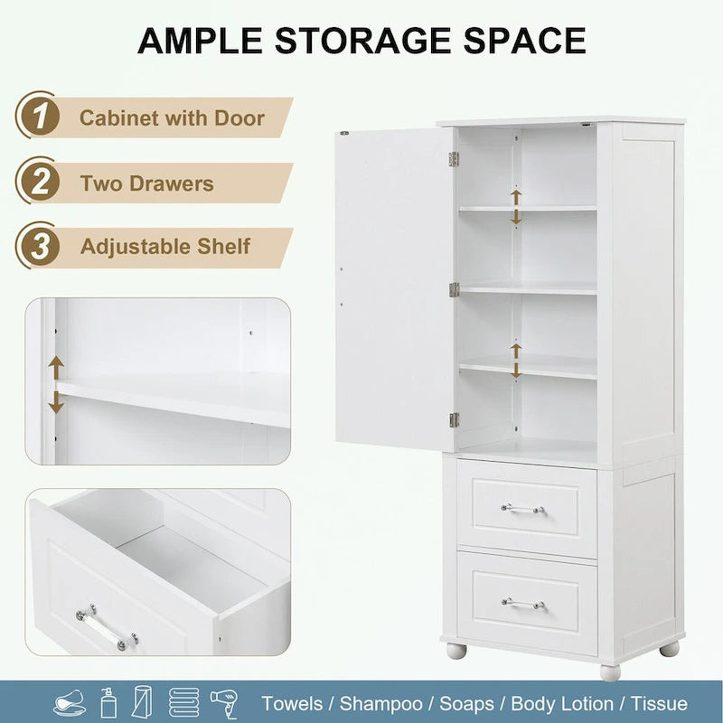 Tall Bathroom Storage Cabinet with Two Drawers and Adjustable Shelf