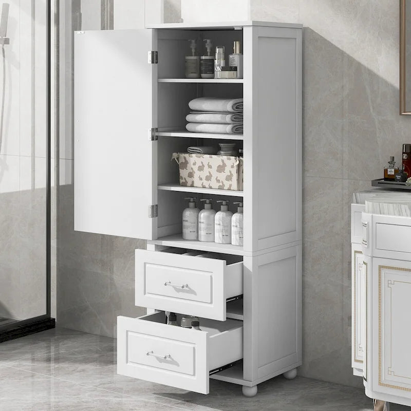 Tall Bathroom Storage Cabinet with Two Drawers and Adjustable Shelf