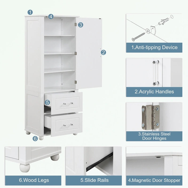 Tall Bathroom Storage Cabinet with Two Drawers and Adjustable Shelf