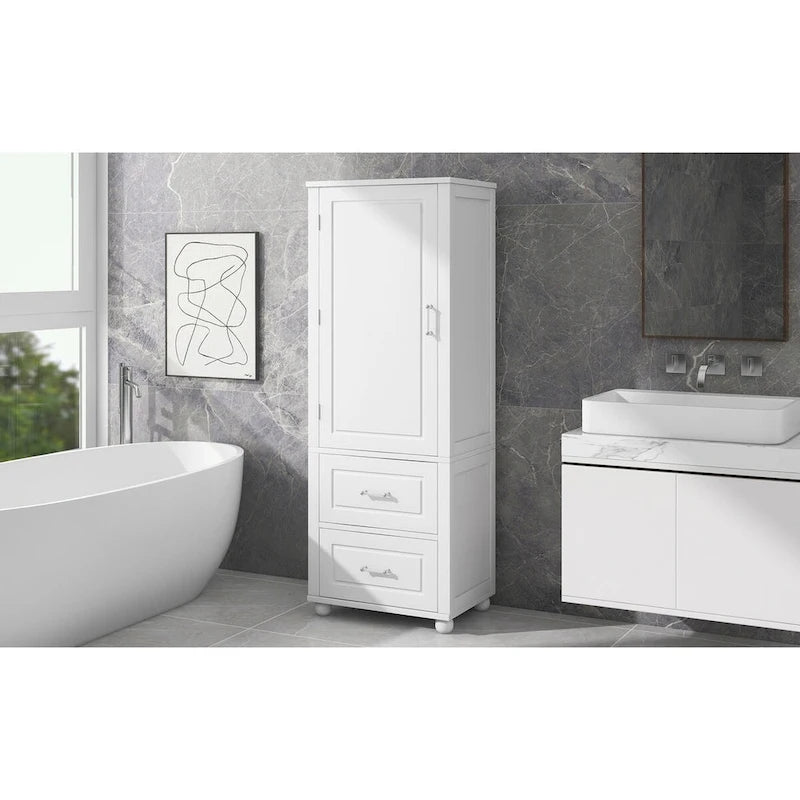 Tall Bathroom Storage Cabinet with Two Drawers and Adjustable Shelf