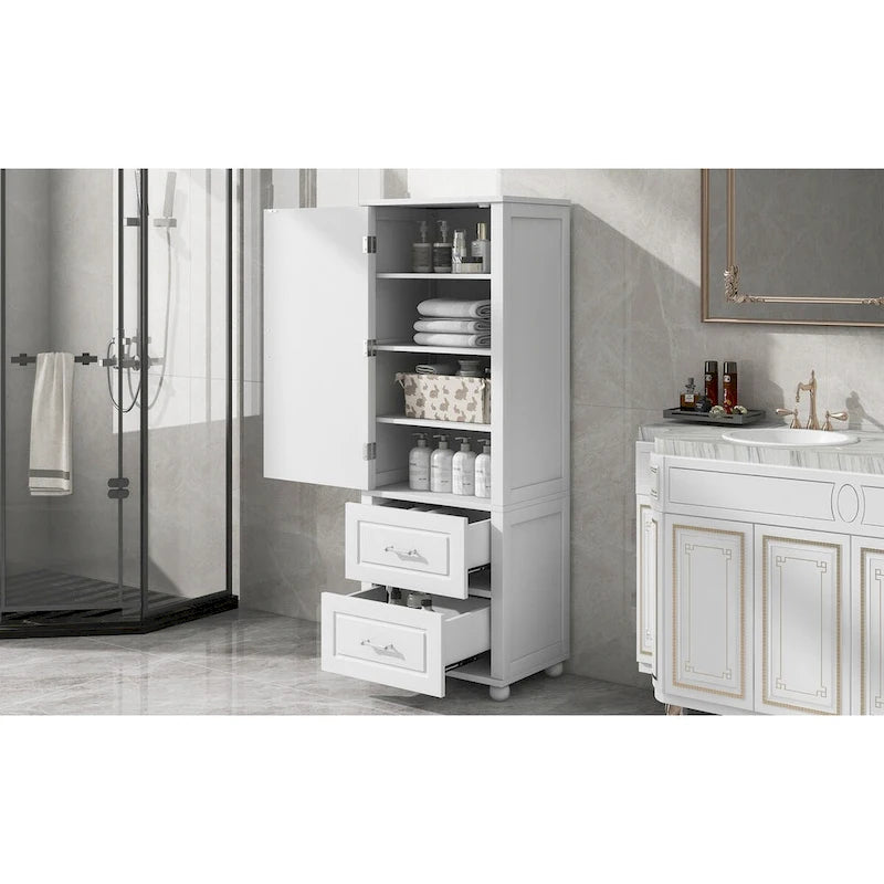 Tall Bathroom Storage Cabinet with Two Drawers and Adjustable Shelf
