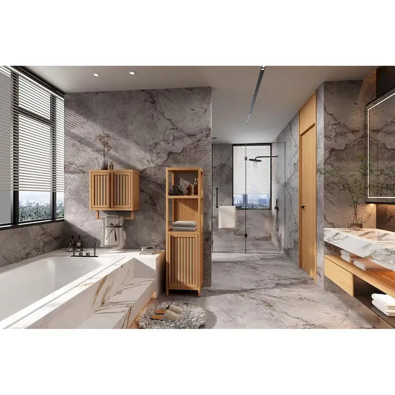 Bathroom Multifunctional Bamboo Storage Cabinet with 2 Open Shelves