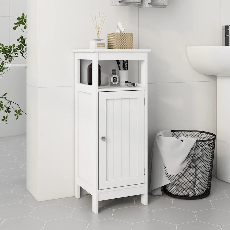 This single-door bathroom storage cabinet provides a convenient storage solution.