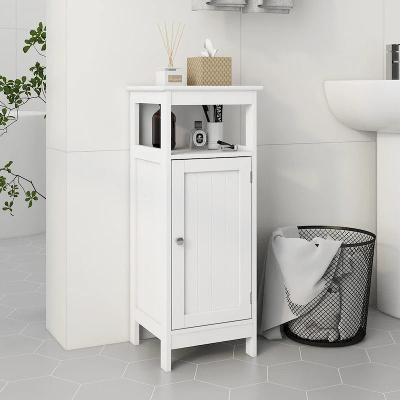 This single-door bathroom storage cabinet provides a convenient storage solution.