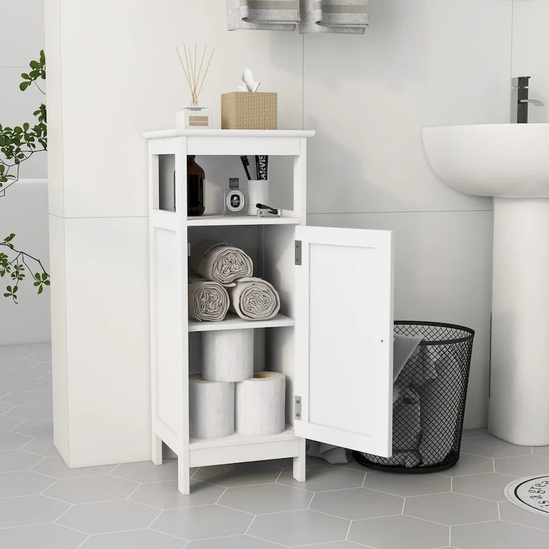 This single-door bathroom storage cabinet provides a convenient storage solution.