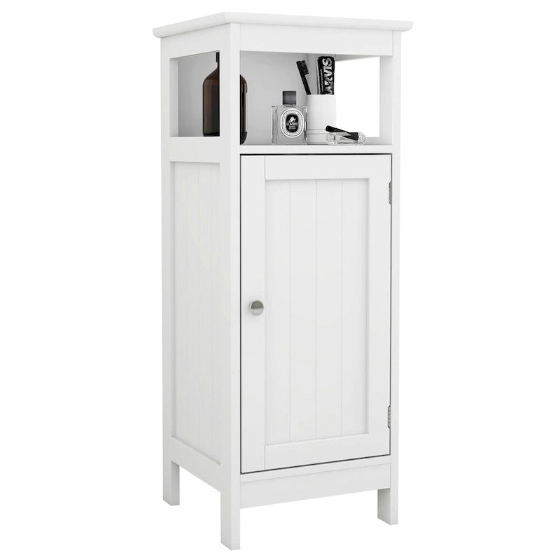 This single-door bathroom storage cabinet provides a convenient storage solution.