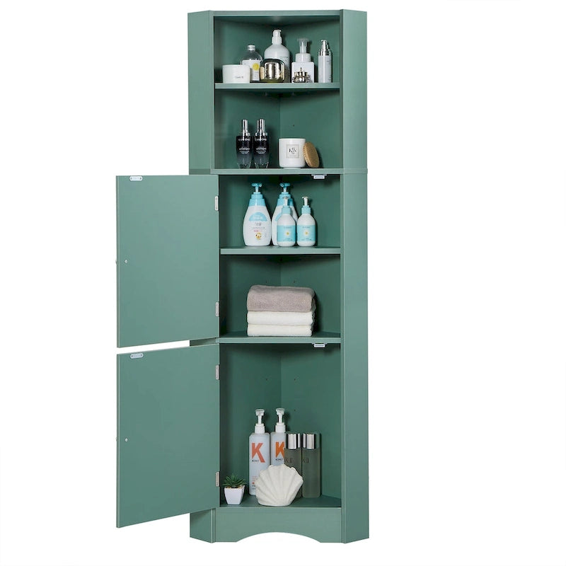 Tall Bathroom Corner Cabinet, Freestanding Storage Cabinet with Doors and Adjustable Shelves, MDF Board, Green