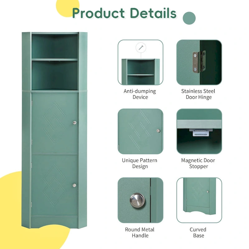 Tall Bathroom Corner Cabinet, Freestanding Storage Cabinet with Doors and Adjustable Shelves, MDF Board, Green
