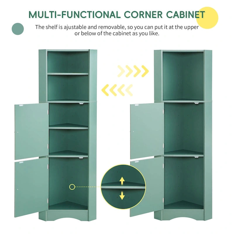 Tall Bathroom Corner Cabinet, Freestanding Storage Cabinet with Doors and Adjustable Shelves, MDF Board, Green