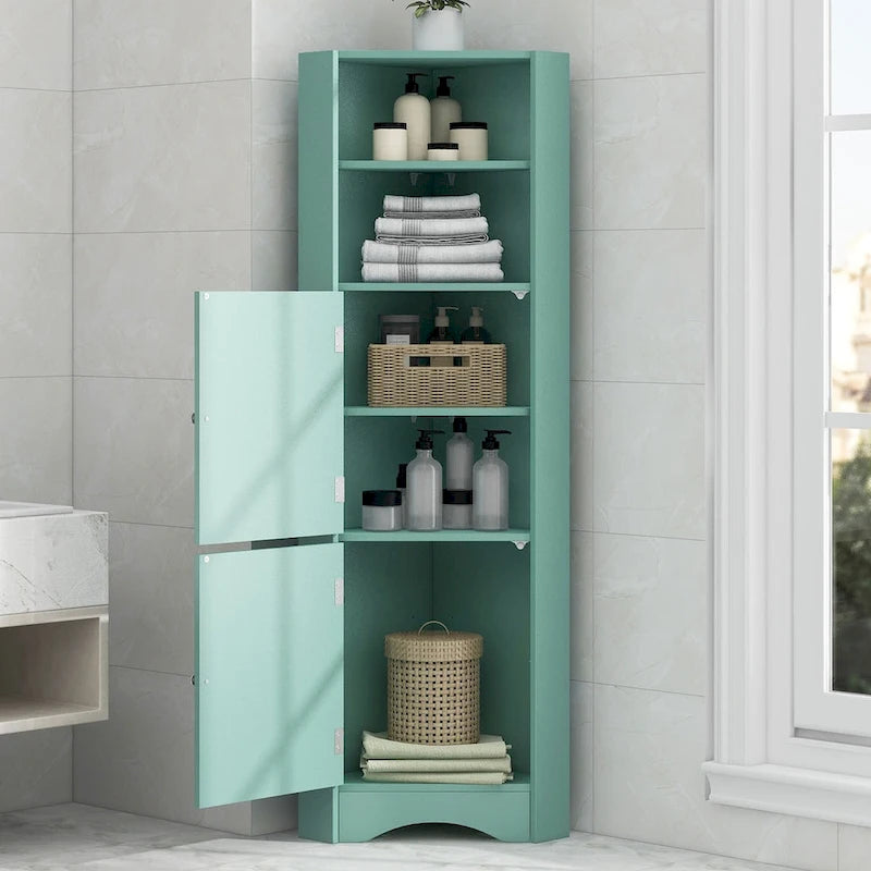 Tall Bathroom Corner Cabinet, Freestanding Storage Cabinet with Doors and Adjustable Shelves, MDF Board, Green