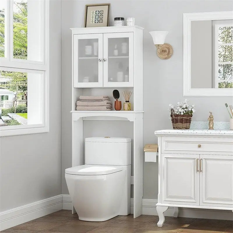 Bathroom Storage Cabinet Above The Toilet, With Glass Doors, Adjustable Shelves, And Equipped With An Anti-Tipping Safety Device.