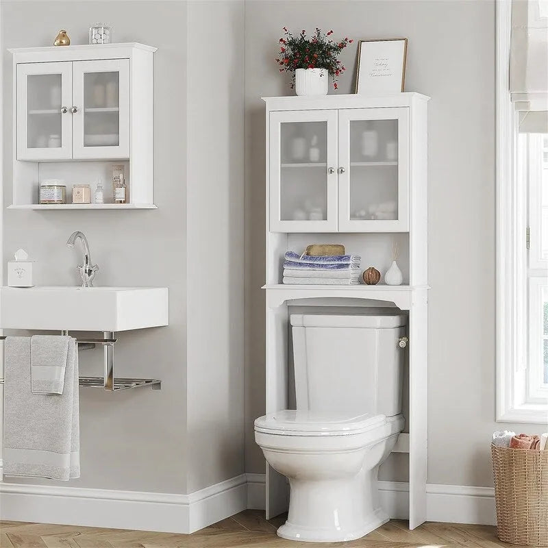 Bathroom Storage Cabinet Above The Toilet, With Glass Doors, Adjustable Shelves, And Equipped With An Anti-Tipping Safety Device.