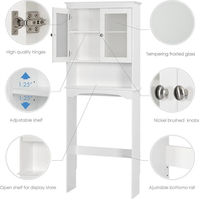 Bathroom Storage Cabinet Above The Toilet, With Glass Doors, Adjustable Shelves, And Equipped With An Anti-Tipping Safety Device.