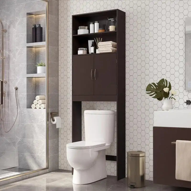 Over-The-Toilet Freestanding Storage Cabinet With Adjustable Shelves & Cupboard, 66"/71" High, 3-Height Adjustable Base