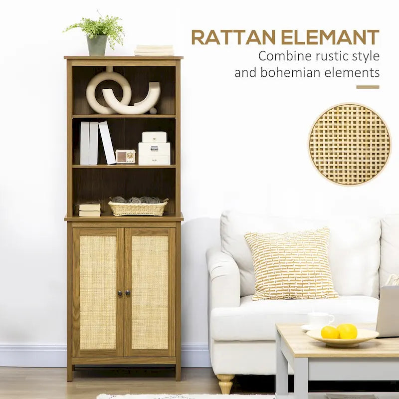 Bookcase with Cabinet and Open Shelves, Tall Bookshelf, Walnut