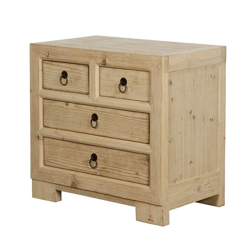 Four-Drawer Bedside Table, Made Of Weathered Natural Pine Wood.