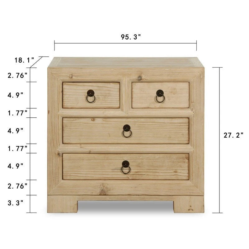 Four-Drawer Bedside Table, Made Of Weathered Natural Pine Wood.