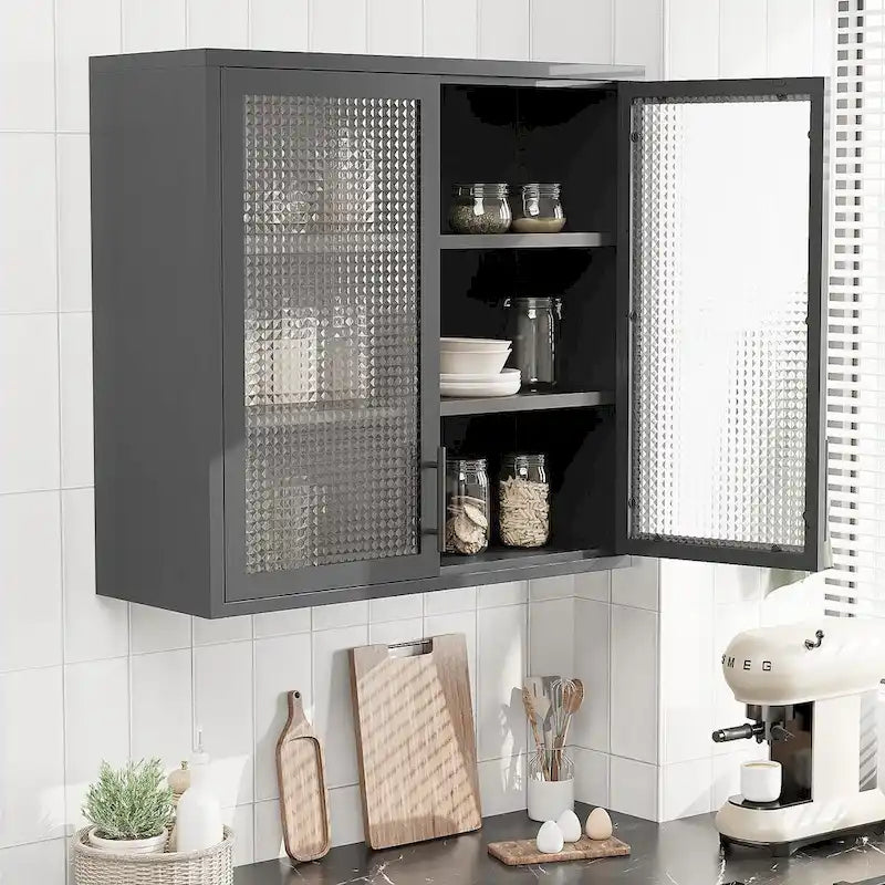Wall Mounted Cabinet Table-Top Storage Cabinet with Hazy Glass Doors and 2 Adjustable Shelves for Living Room